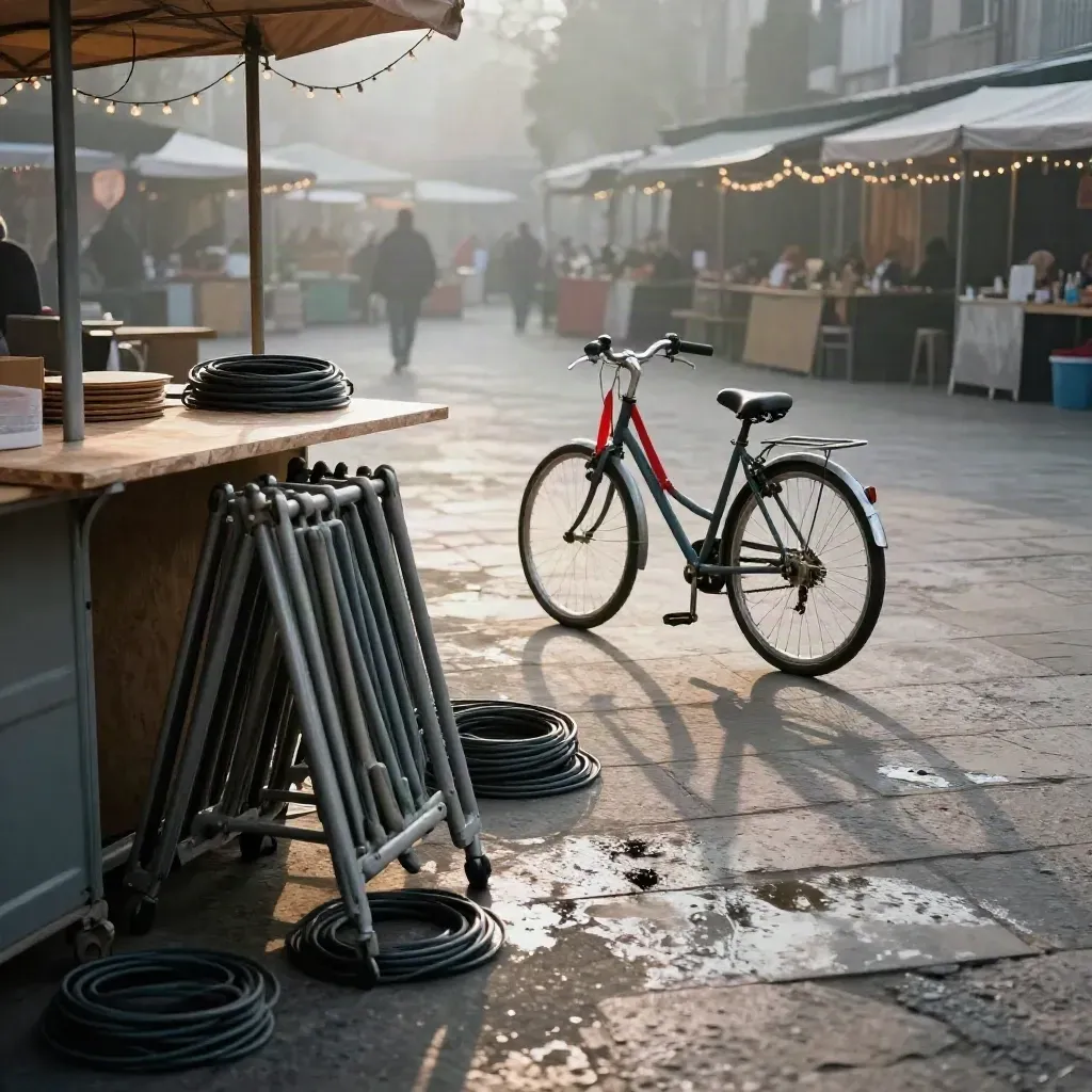 Plaza de ferias al amanecer, con guirnaldas apagadas y una bici junto a estructuras desmontadas.