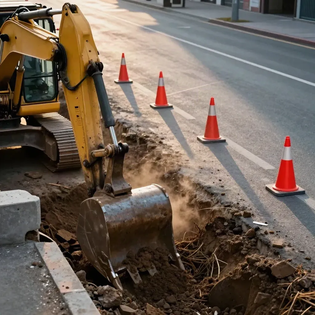 Excavadora junto a una zanja con conos rojos y vallas al alba en una avenida ancha.