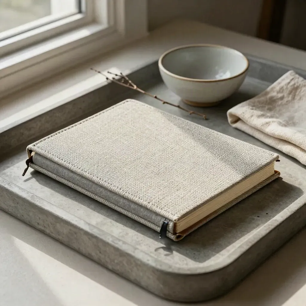 Planificador de tapa textil, ramita seca y cuenco de cerámica sobre bandeja de piedra.